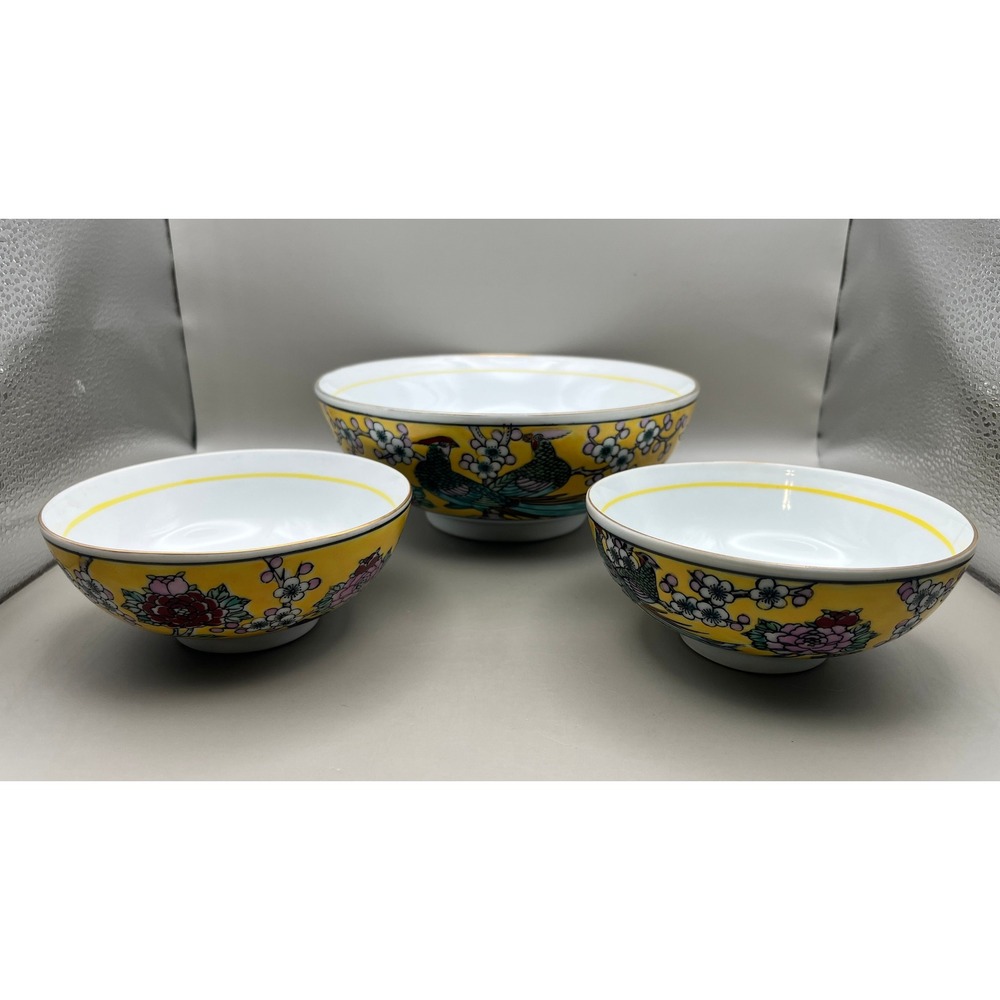 Gold Imari Hand Painted Peacock Floral Porcelain Decorative Bowls‎ Set 3 As Is